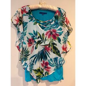 Apt. 9 Womens Large Tropical Floral Layered Chiffon Flutter Sleeve Blouse Teal